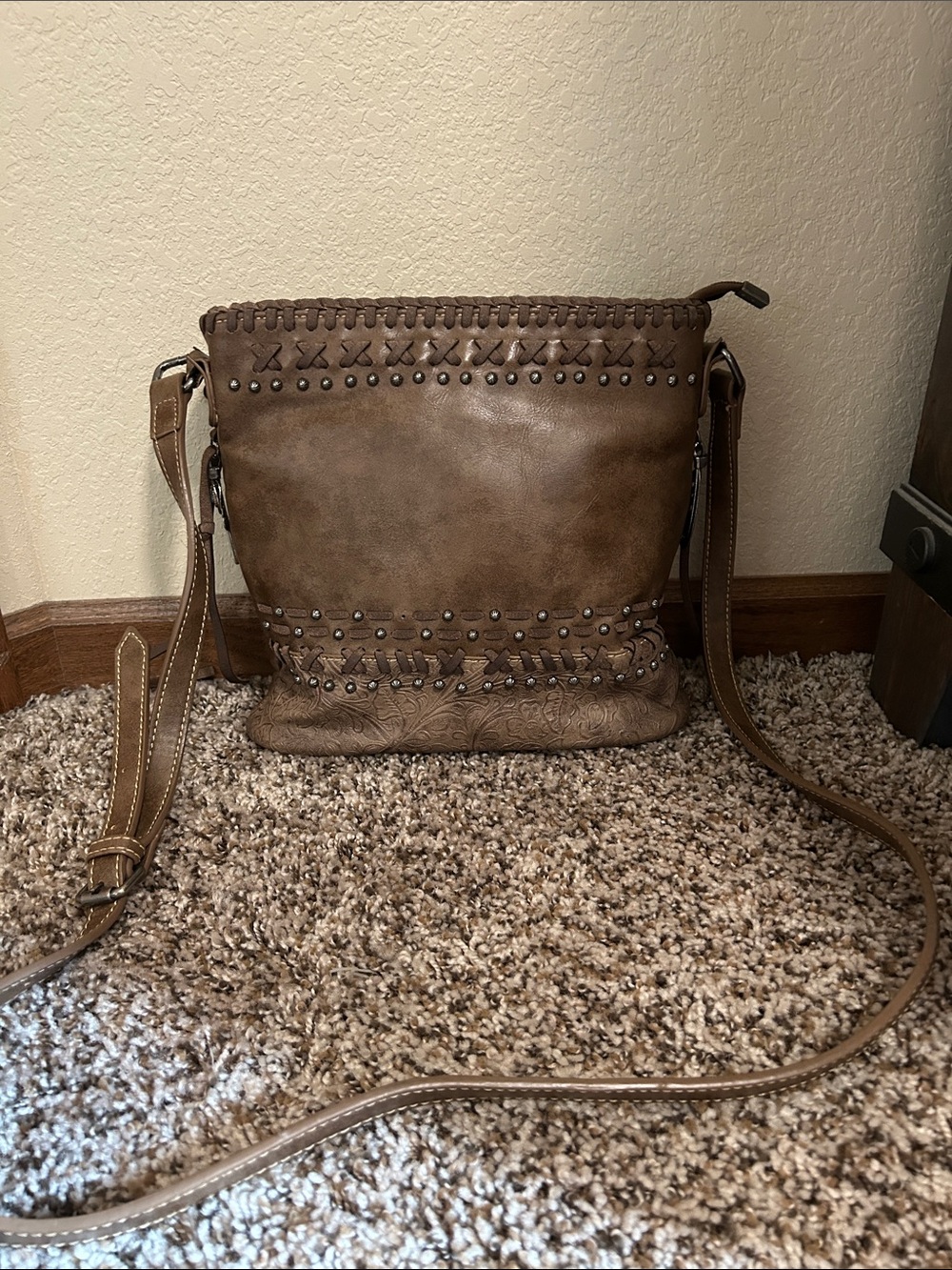 Montana West Western Tooled Leather Studded Crossbody Bag Brown Fall Boho